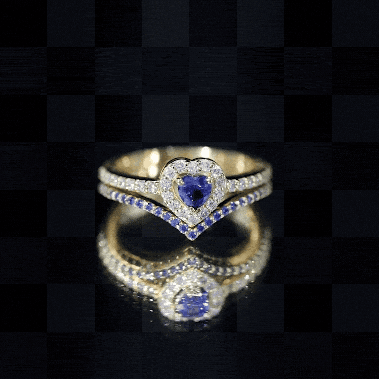 Certified Lab Grown Blue Sapphire Heart Engagement Ring Set with Real Diamond