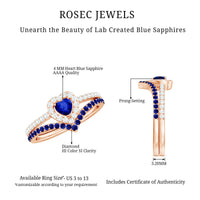 Certified Lab Grown Blue Sapphire Heart Engagement Ring Set with Real Diamond