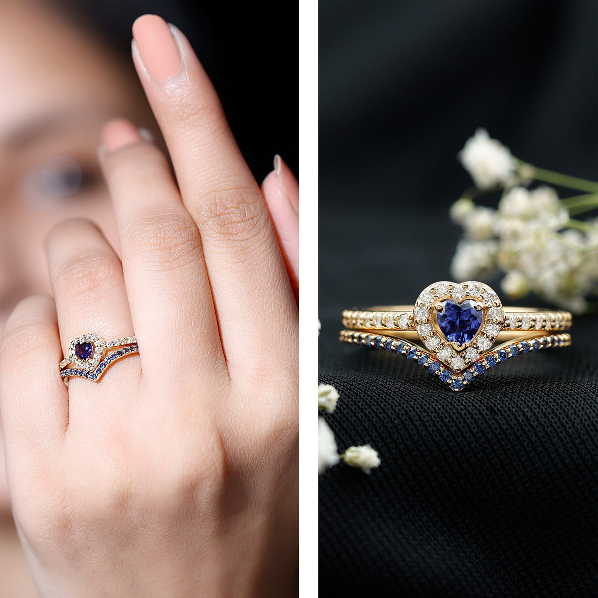Certified Lab Grown Blue Sapphire Heart Engagement Ring Set with Real Diamond