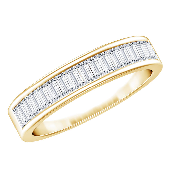 Rosec Jewels 1 CT Baguette Cut Lab Grown Diamond half eternity ring showcasing sparkling rectangular diamonds in a platinum setting.