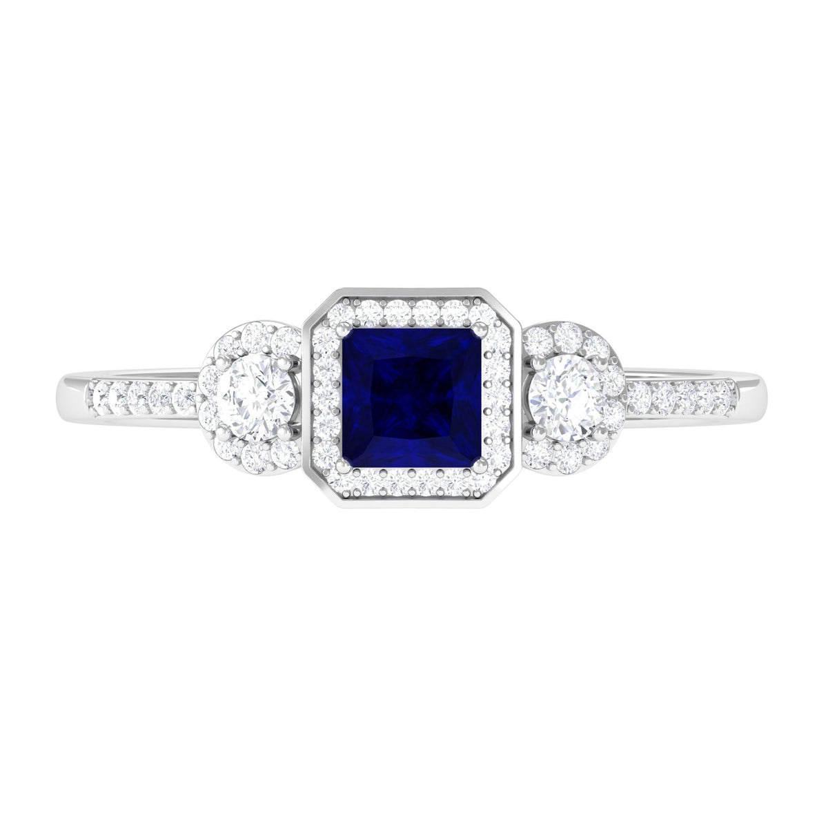 Rosec Jewels blue sapphire engagement ring with princess cut sapphire and diamond accents on a silver band.