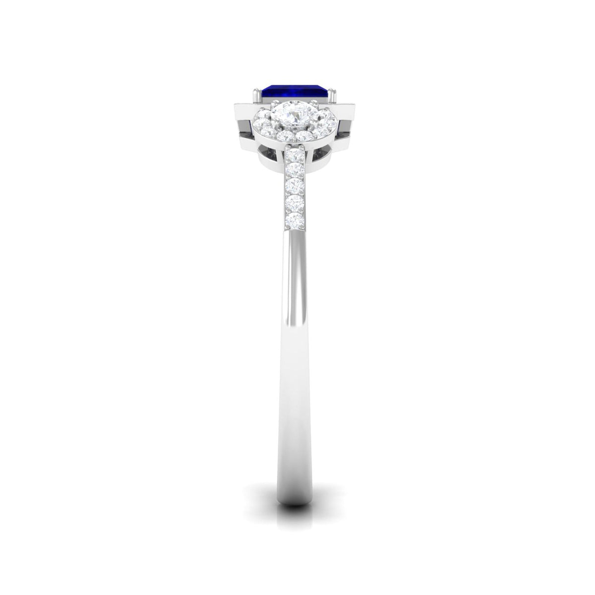 Blue sapphire princess cut engagement ring with diamond accents, crafted by Rosec Jewels, showcasing a stunning blue gemstone setting.
