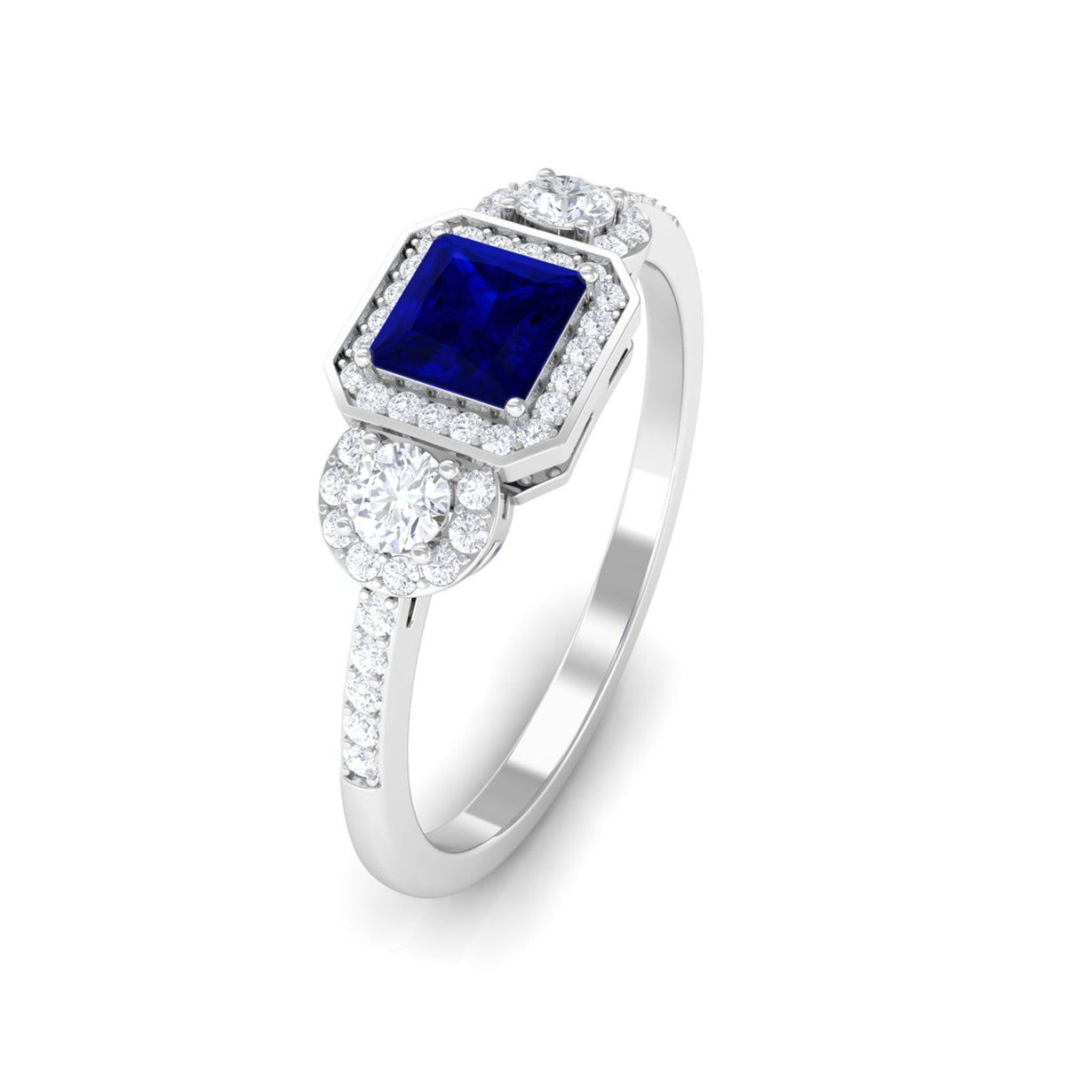 Princess cut blue sapphire engagement ring with diamonds by Rosec Jewels, featuring a striking blue sapphire centerpiece and sparkling side stones.