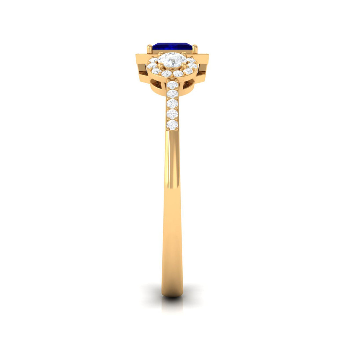 Blue sapphire princess cut engagement ring with diamond accents by Rosec Jewels, showcasing the elegant blue sapphire centerpiece.