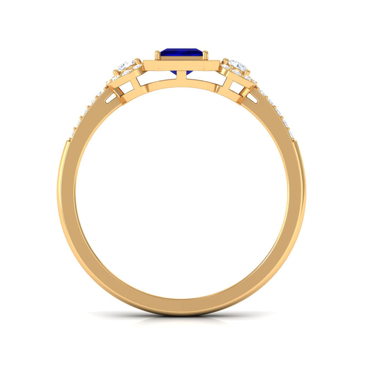 Princess cut blue sapphire engagement ring with diamonds by Rosec Jewels, featuring a prominent blue sapphire centerpiece and diamond accents.
