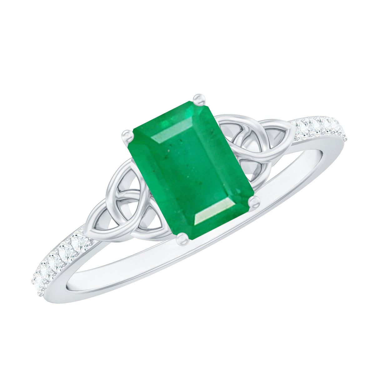 Natural 5x7mm emerald cut emerald diamond engagement ring with Celtic knot design by Rosec Jewels, showcasing intricate craftsmanship.