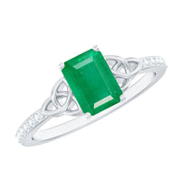 Natural 5x7mm emerald cut emerald diamond engagement ring with Celtic knot design by Rosec Jewels, showcasing intricate craftsmanship.