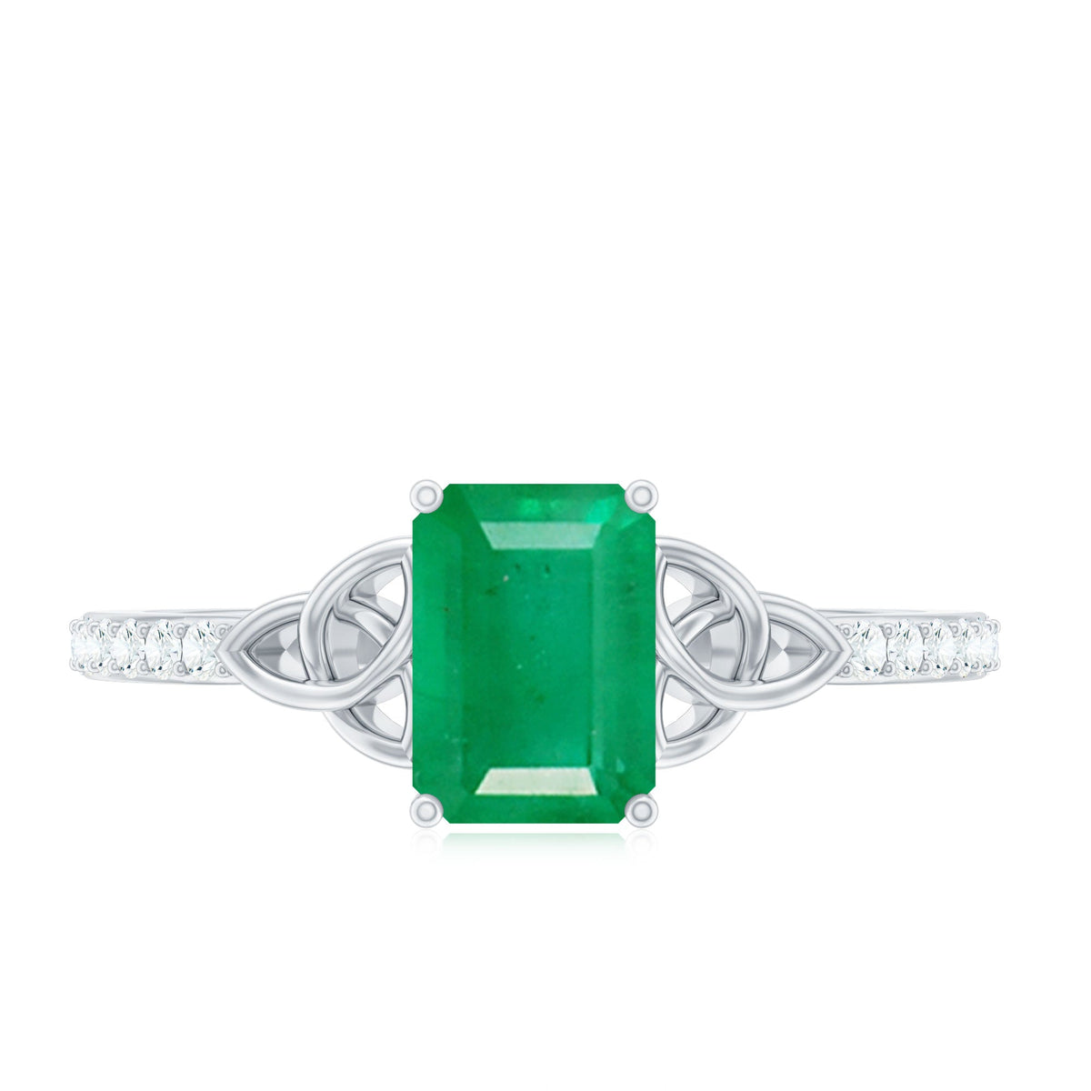 Natural 5x7mm emerald cut emerald diamond engagement ring with Celtic knot detailing, showcasing elegant craftsmanship.