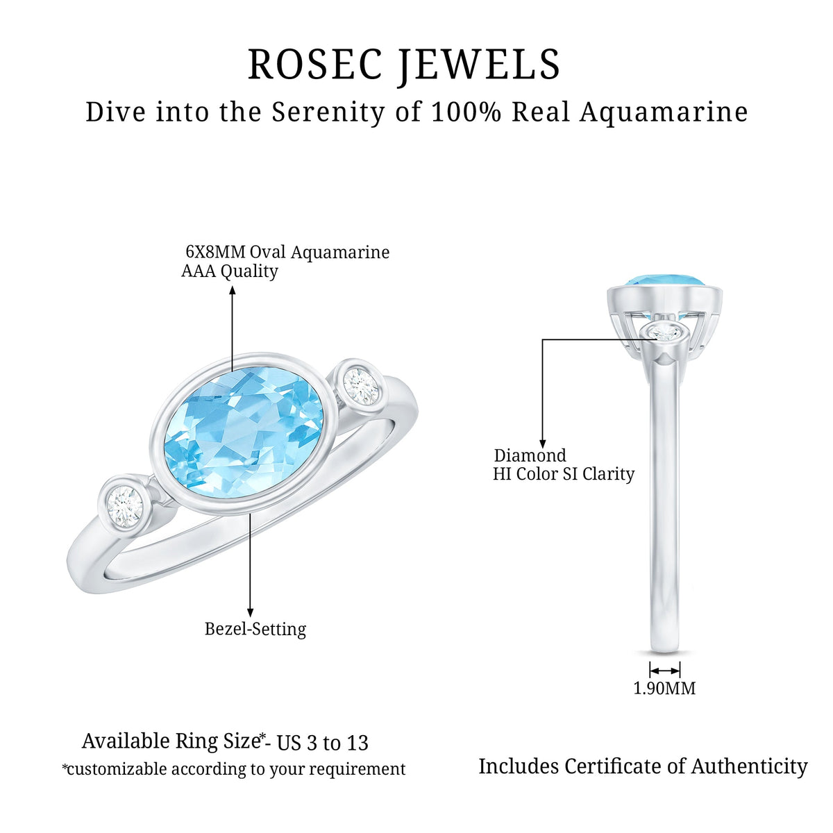 Bezel set aquamarine and diamond engagement ring by Rosec Jewels, featuring an east-west design with detailed metalwork.