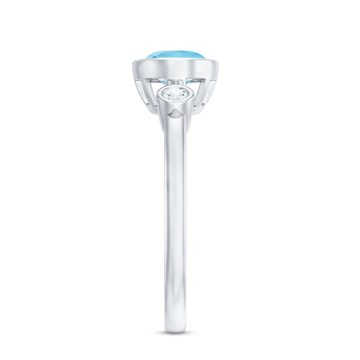 Bezel set aquamarine and diamond engagement ring with east-west design, featuring rose gold band from Rosec Jewels.
