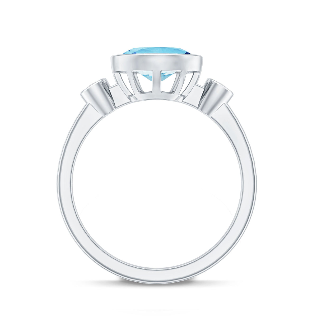 Bezel set aquamarine and diamond engagement ring by Rosec Jewels, featuring a central aquamarine gemstone with side diamonds in a rings setting.