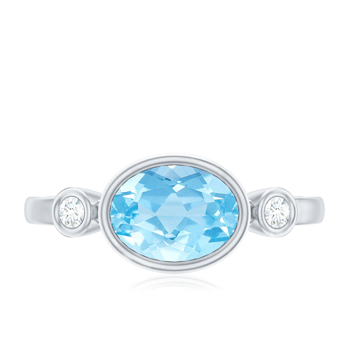 Bezel set aquamarine and diamond engagement ring by Rosec Jewels featuring an east-west design with elegant gemstone accents.