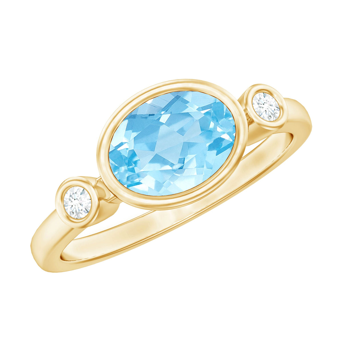 Bezel set aquamarine and diamond engagement ring by Rosec Jewels with an east-west design and elegant silver band.