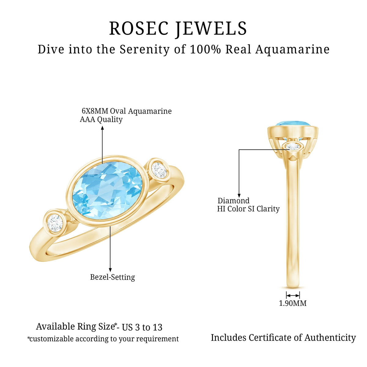 Bezel set aquamarine and diamond engagement ring by Rosec Jewels featuring an east-west design and elegant precious gemstone setting.