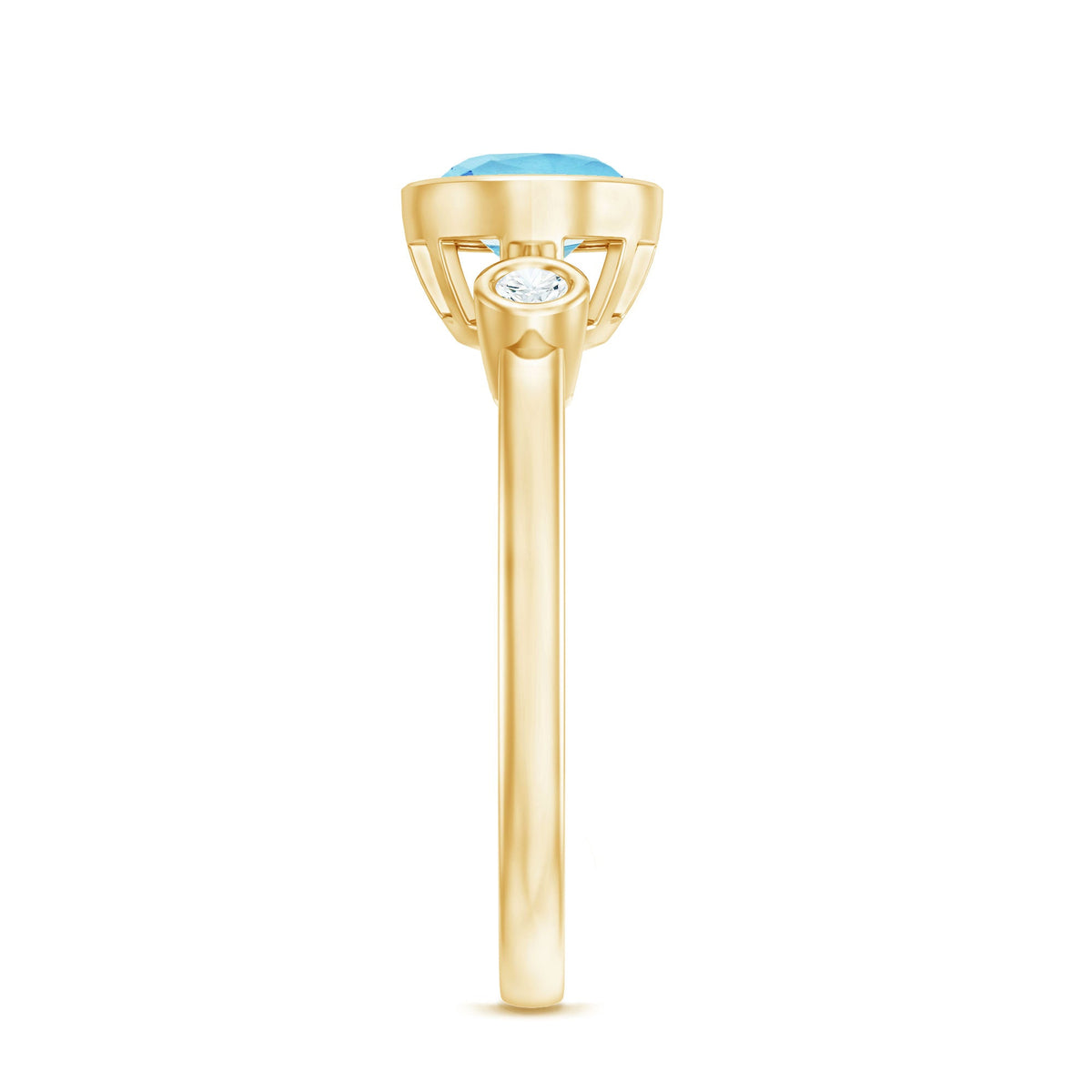 Bezel set aquamarine and diamond engagement ring featuring an east-west design with rose gold accents.