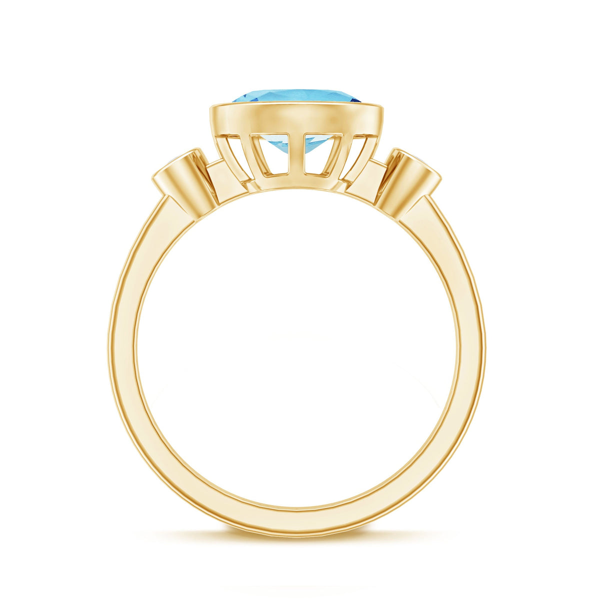 Bezel set aquamarine and diamond engagement ring by Rosec Jewels, featuring a central aquamarine with side diamonds in a sleek band