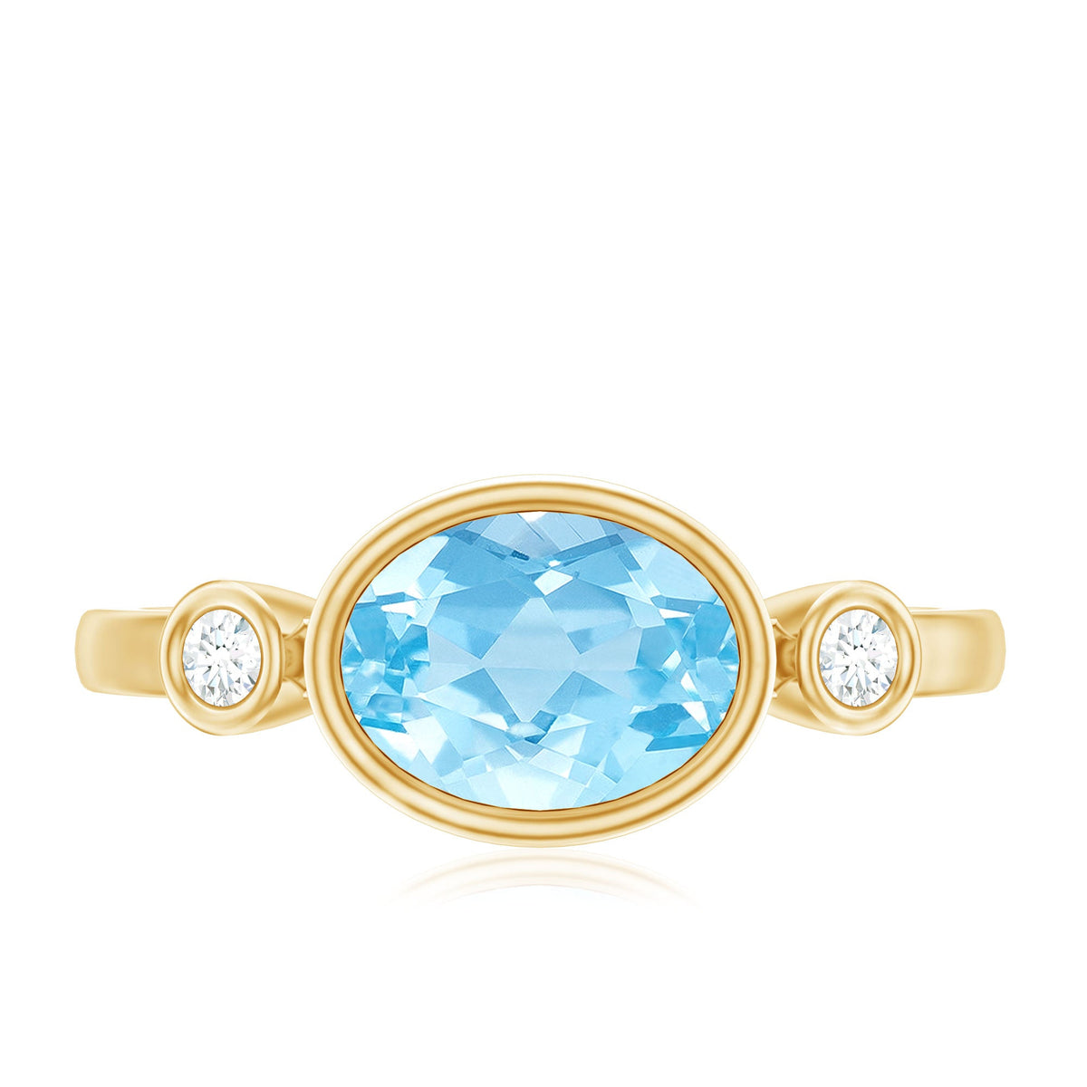 Bezel set aquamarine and diamond engagement ring by Rosec Jewels, featuring east-west design with sparkling gemstones.