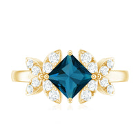 6mm Princess Cut London Blue Topaz Floral Engagement Ring with Diamond