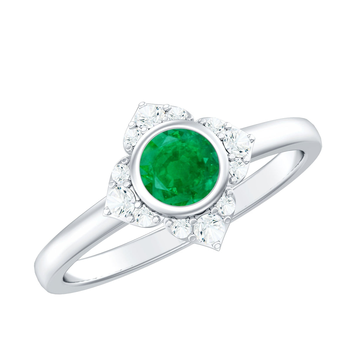 Natural bezel set 5mm emerald flower engagement ring with diamond accents by Rosec Jewels, showcasing intricate floral design and gemstone details.