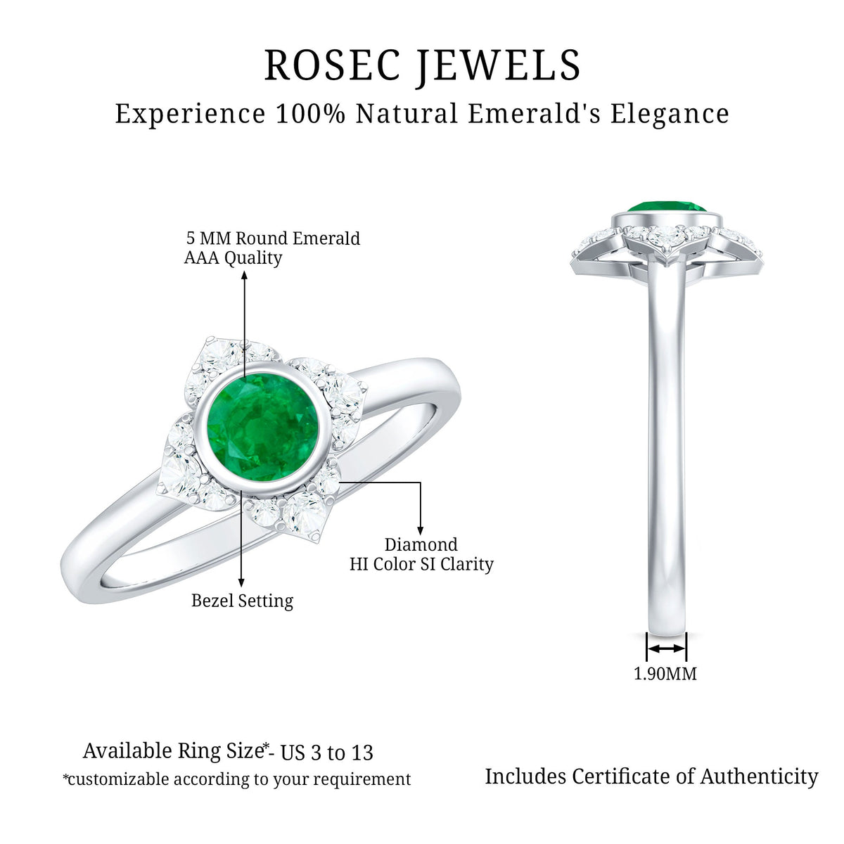 Natural bezel set 5mm emerald flower engagement ring with diamond from Rosec Jewels, featuring intricate flower design and sparkling accents.