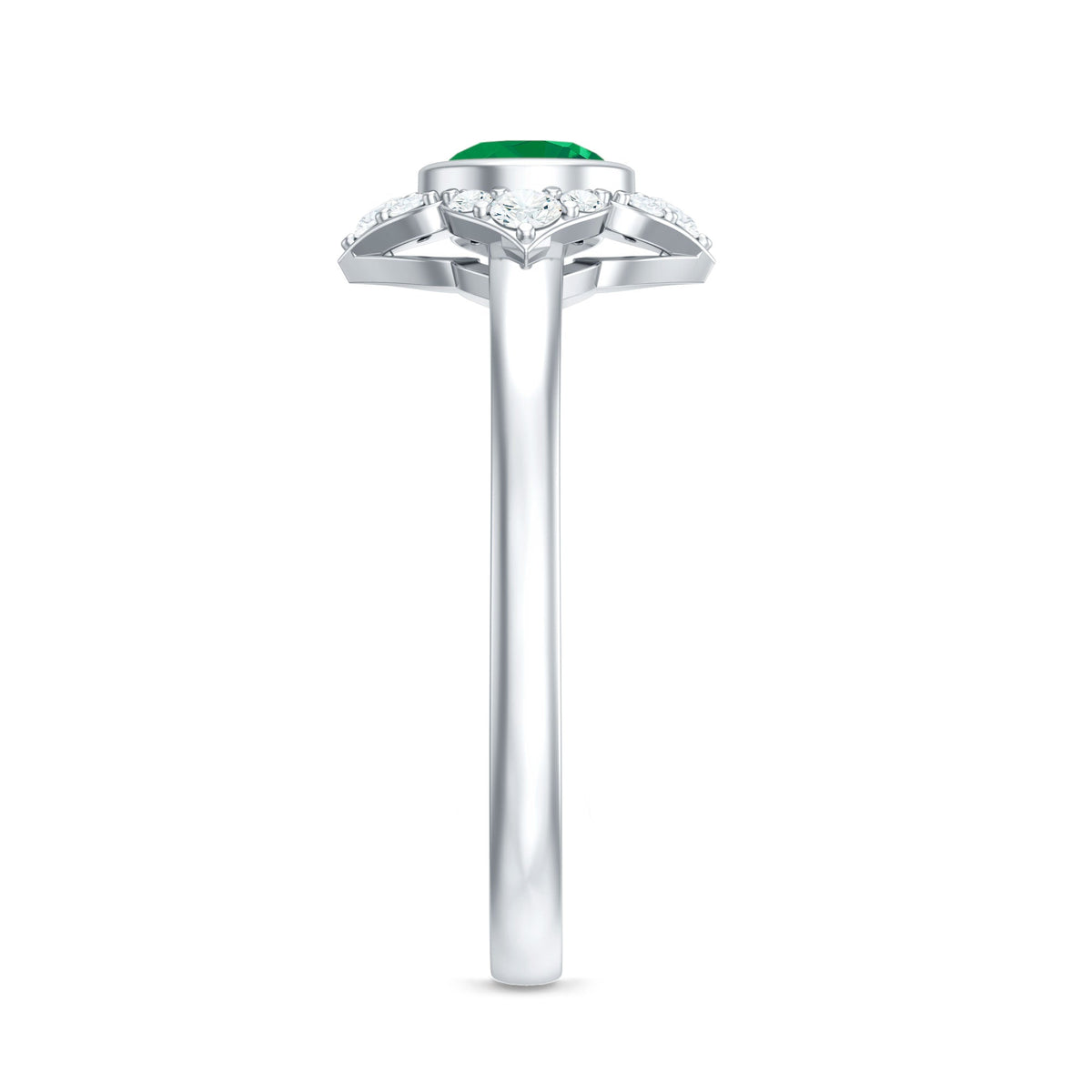 Natural bezel set 5mm emerald flower engagement ring with diamond by Rosec Jewels, featuring detailed floral design and sparkling stones.