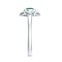 Natural bezel set 5mm emerald flower engagement ring with diamond by Rosec Jewels, featuring detailed floral design and sparkling stones.