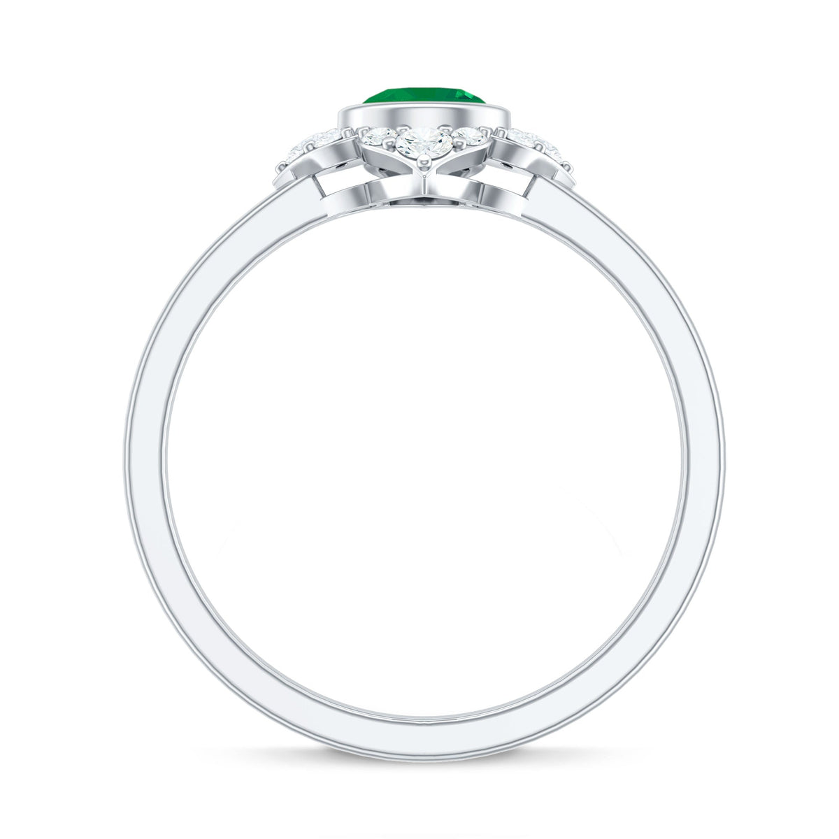 Natural bezel set 5mm emerald flower engagement ring with diamond from Rosec Jewels, showcasing intricate floral design and sparkling gemstones.