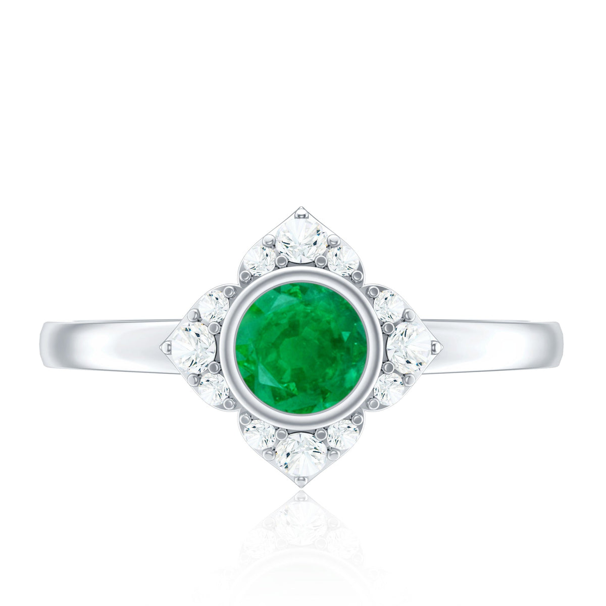 Natural bezel set 5mm emerald flower engagement ring with diamond by Rosec Jewels, featuring intricate floral design and sparkling accents.