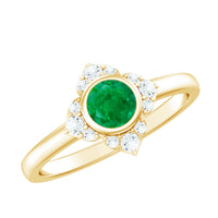Natural bezel set 5mm emerald flower engagement ring with diamond from Rosec Jewels, featuring intricate floral design and sparkling gemstone accents.