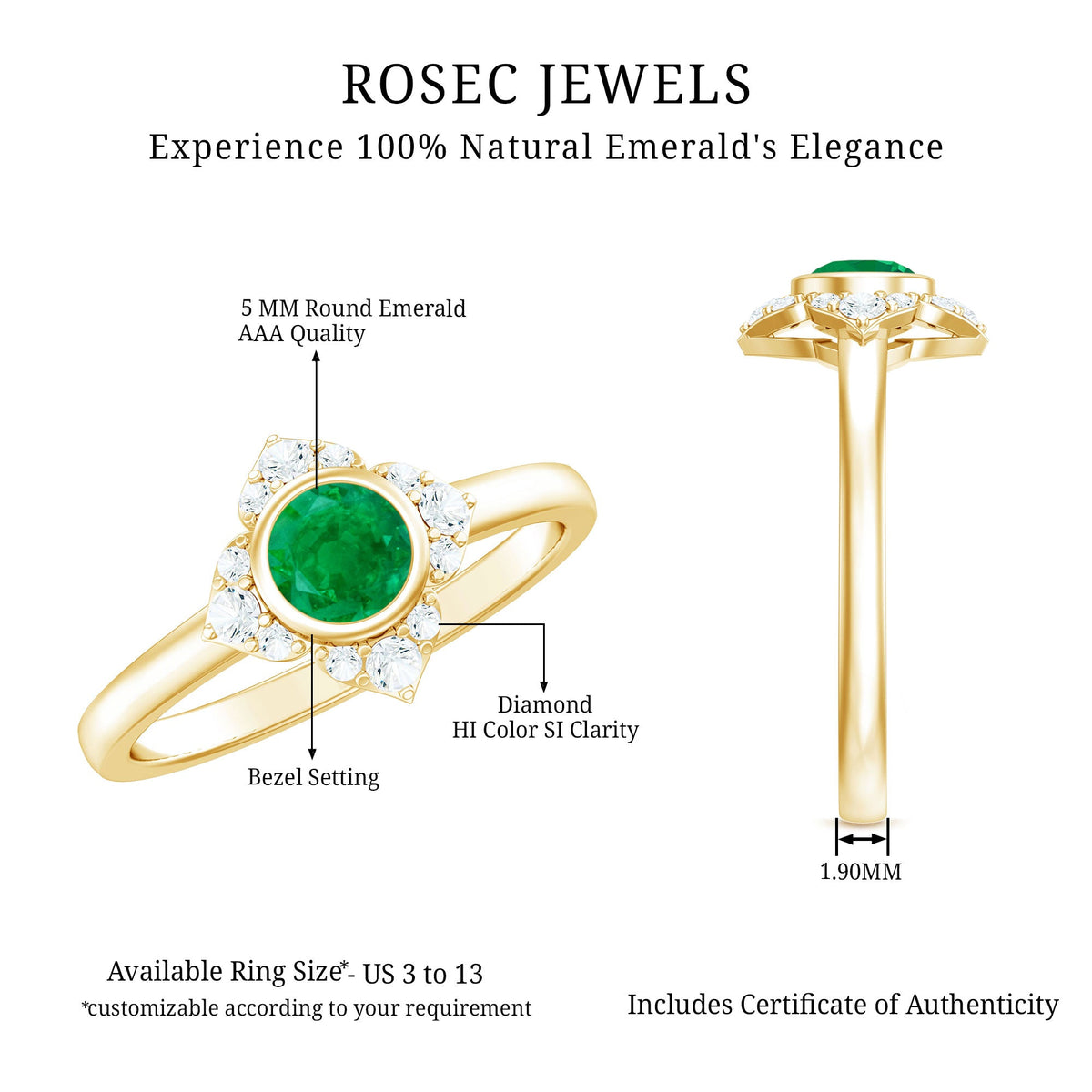 Natural bezel set 5mm emerald flower engagement ring with diamond from Rosec Jewels, showcasing intricate floral design and sparkling gemstones.