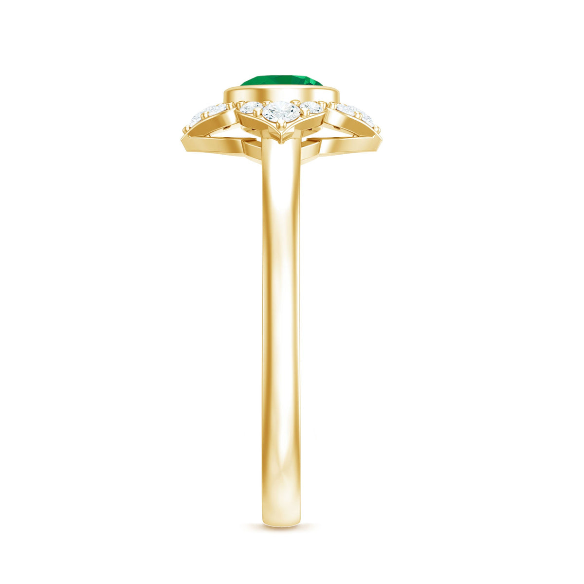 Natural bezel set 5mm emerald flower engagement ring with diamond accents by Rosec Jewels, showcasing intricate design and craftsmanship.