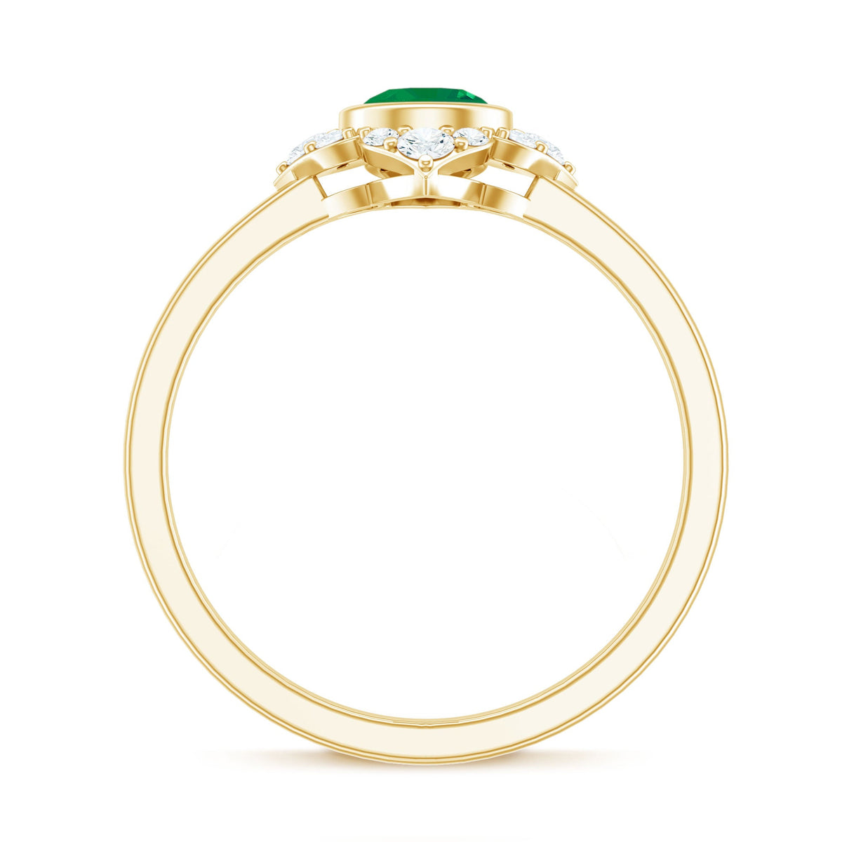 Natural bezel set 5mm emerald flower engagement ring with diamond from Rosec Jewels, showcasing detailed floral design and sparkling accents.