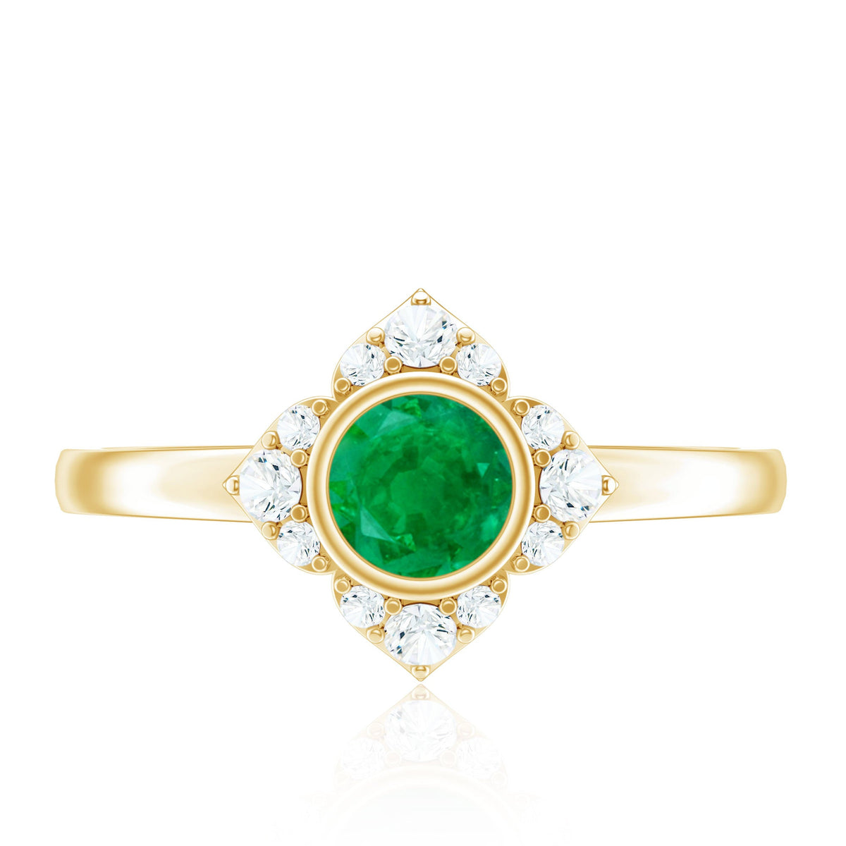 Natural bezel set 5mm emerald flower engagement ring with diamond from Rosec Jewels, showcasing intricate floral design and sparkling accents.