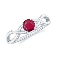 Natural 0.6 carat ruby promise ring with a crossover shank by Rosec Jewels, featuring a sparkling ruby gemstone centerpiece.