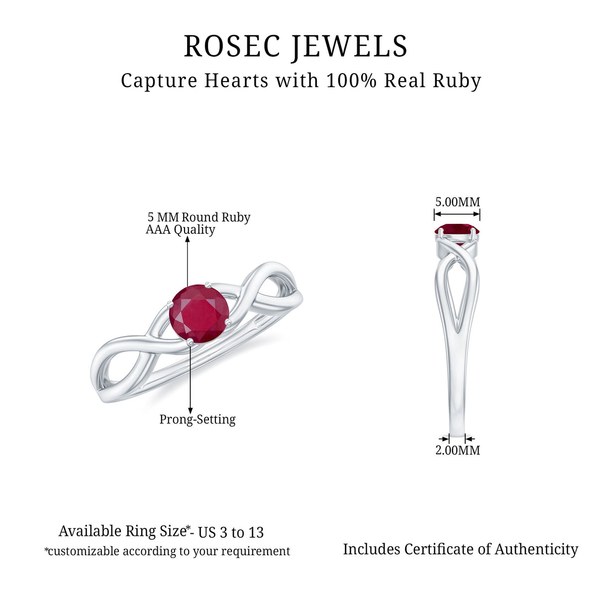 Natural 0.6 carat ruby promise ring with crossover shank from Rosec Jewels, showcasing a vibrant ruby gemstone and elegant band design.