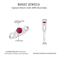 Natural 0.6 carat ruby promise ring with crossover shank from Rosec Jewels, showcasing a vibrant ruby gemstone and elegant band design.