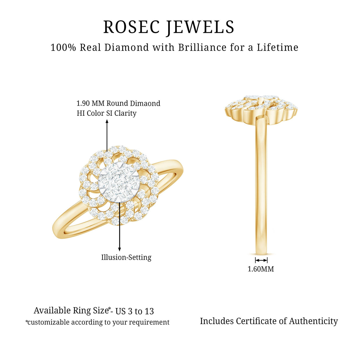 Certified Natural Diamond Flower Engagement Ring in Illusion Set
