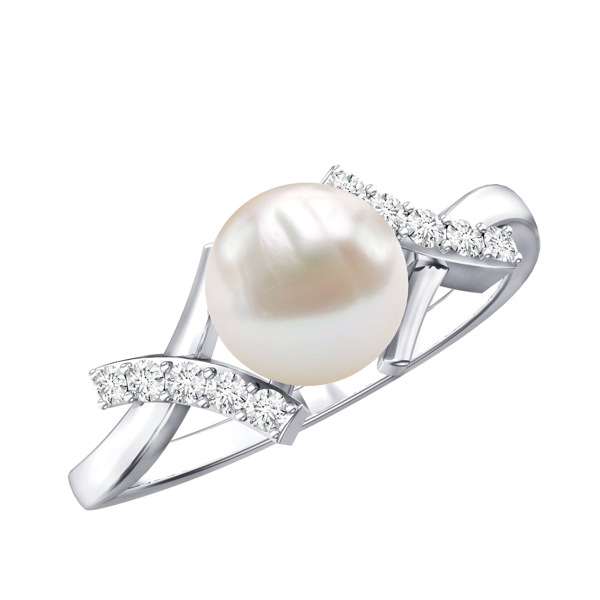 Freshwater pearl solitaire crossover engagement ring with diamond accents by Rosec Jewels, showcasing elegant design and craftsmanship.