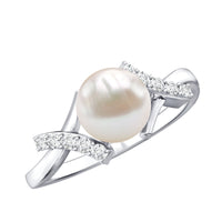 Freshwater pearl solitaire crossover engagement ring with diamond accents by Rosec Jewels, showcasing elegant design and craftsmanship.