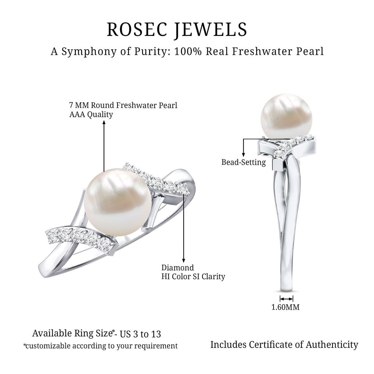 Freshwater pearl solitaire crossover engagement ring with diamond detail by Rosec Jewels, featuring a sleek band and elegant design.