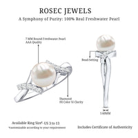 Freshwater pearl solitaire crossover engagement ring with diamond detail by Rosec Jewels, featuring a sleek band and elegant design.