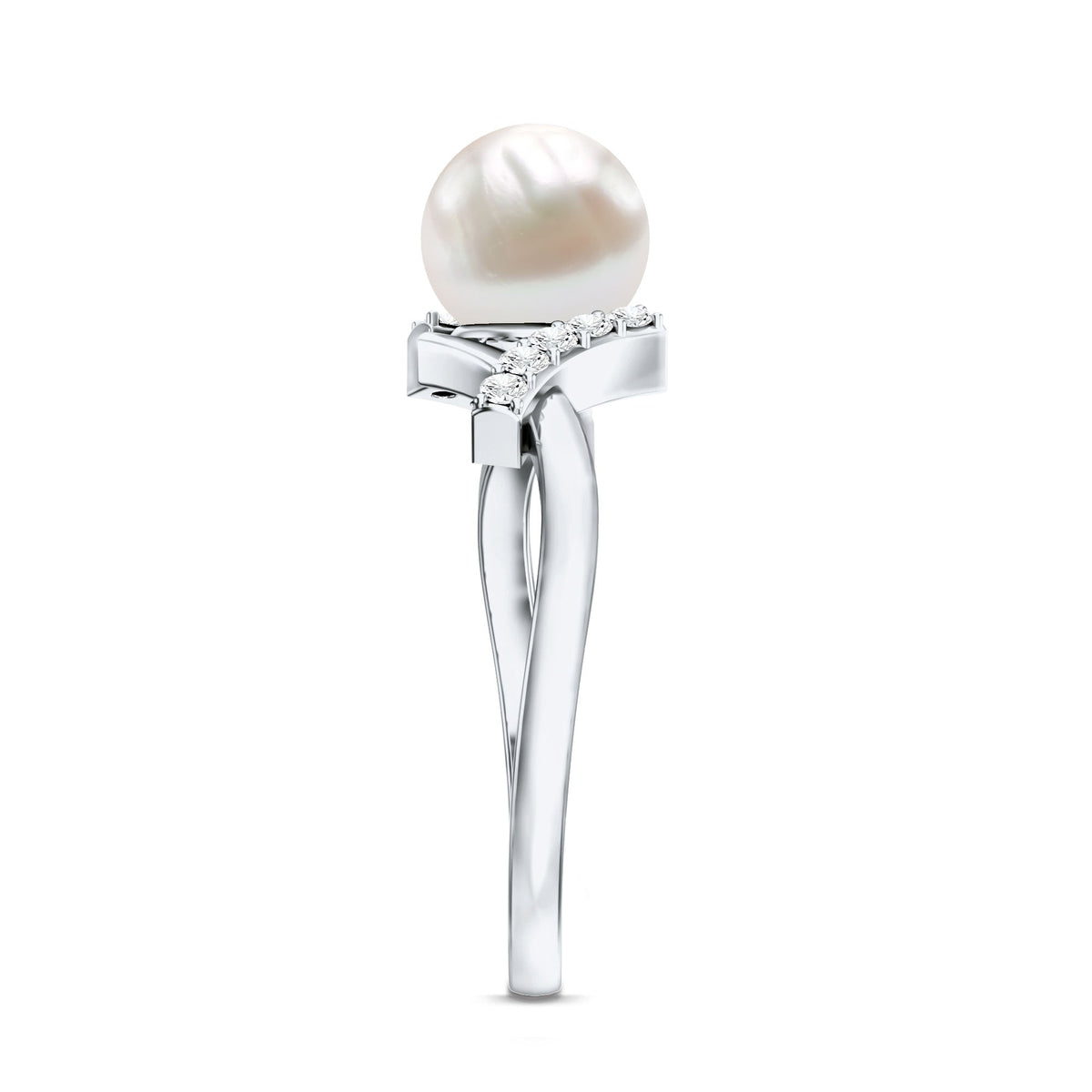Freshwater pearl solitaire crossover engagement ring with diamond by Rosec Jewels, showcasing a sleek design and sparkling accents.