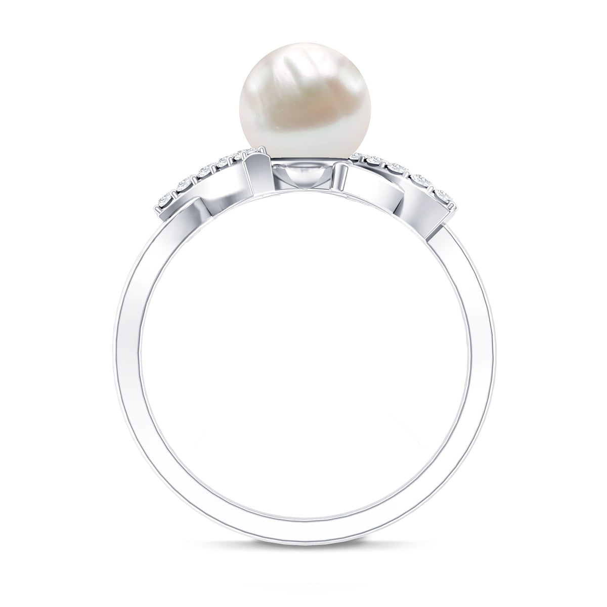 Freshwater pearl solitaire crossover engagement ring with diamond from Rosec Jewels, showcasing the elegant design and sparkling stone.