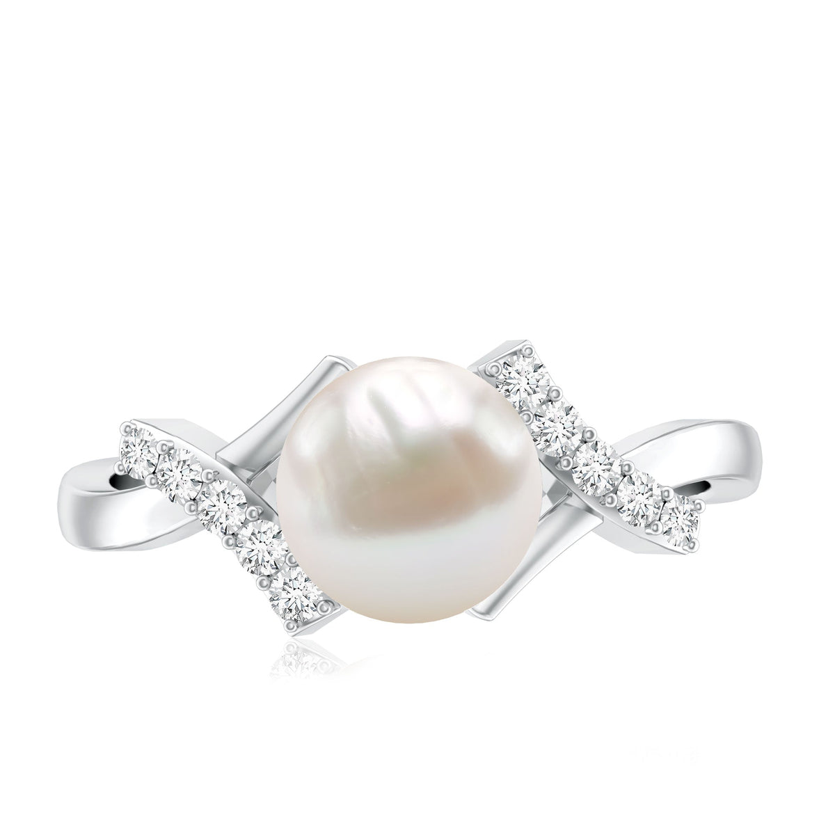 Freshwater pearl solitaire crossover engagement ring with diamond from Rosec Jewels, showcasing elegant design and sparkling accents.