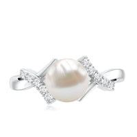Freshwater pearl solitaire crossover engagement ring with diamond from Rosec Jewels, showcasing elegant design and sparkling accents.