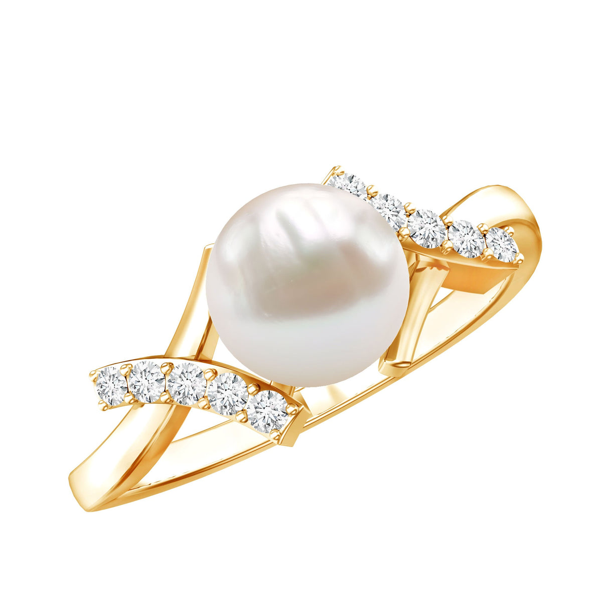 Freshwater pearl solitaire crossover engagement ring with diamond from Rosec Jewels, featuring a elegant pearl centerpiece and diamond accents.