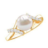 Freshwater pearl solitaire crossover engagement ring with diamond from Rosec Jewels, featuring a elegant pearl centerpiece and diamond accents.