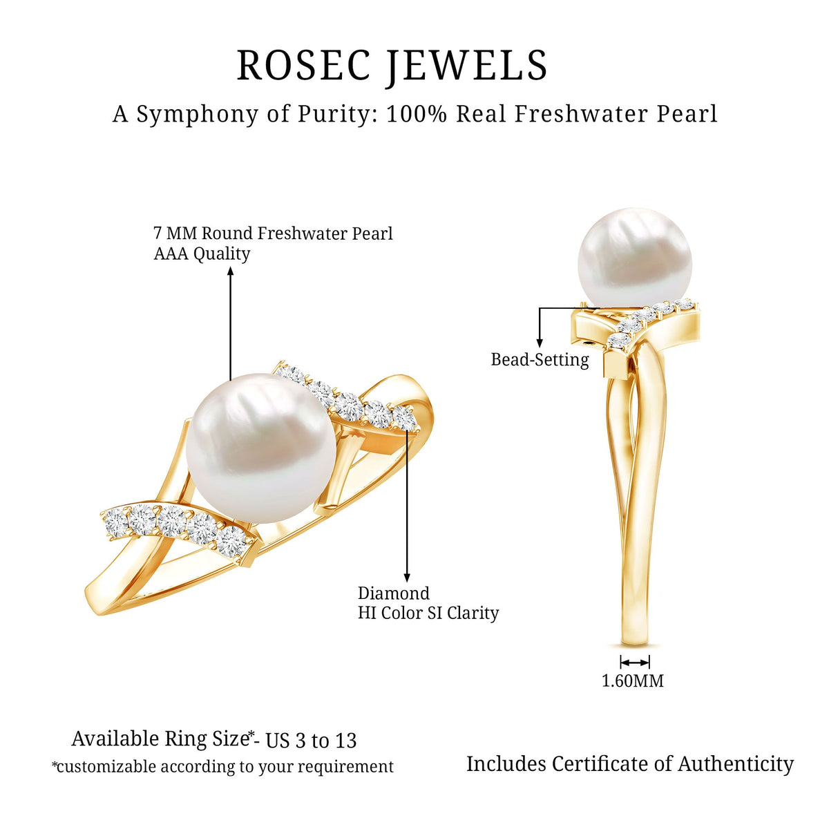 Freshwater pearl solitaire crossover engagement ring with diamond from Rosec Jewels, showcasing elegant ring design and sparkling accents.
