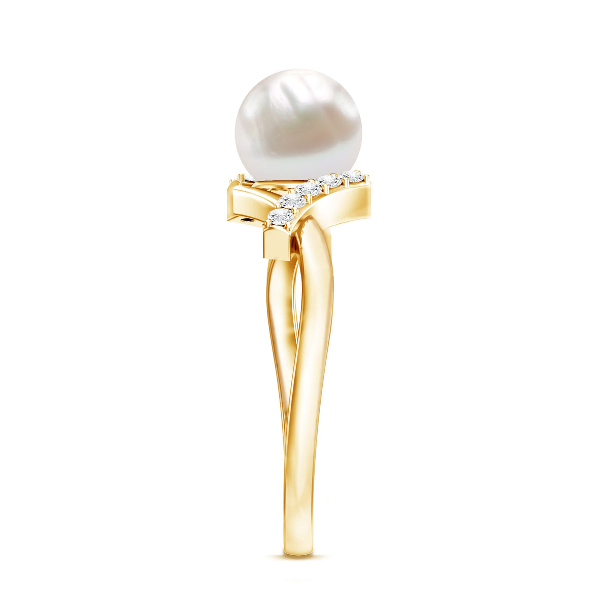 Freshwater pearl solitaire crossover engagement ring with diamond from Rosec Jewels, featuring elegant design and shiny metal band.