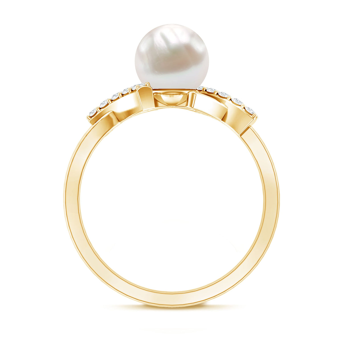 Freshwater pearl solitaire crossover engagement ring with diamond from Rosec Jewels, showcasing elegant design and sparkling accents.